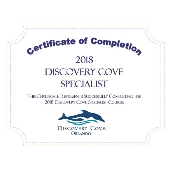 Discovery Cove Specialist Certificate 2018